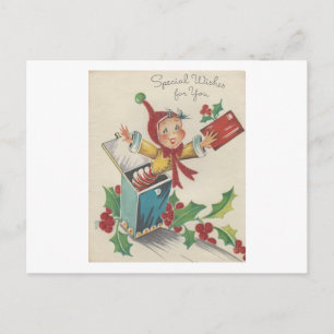 Weihnachtself in einer Schachtel im Vintage-Stil Feiertagspostkarte