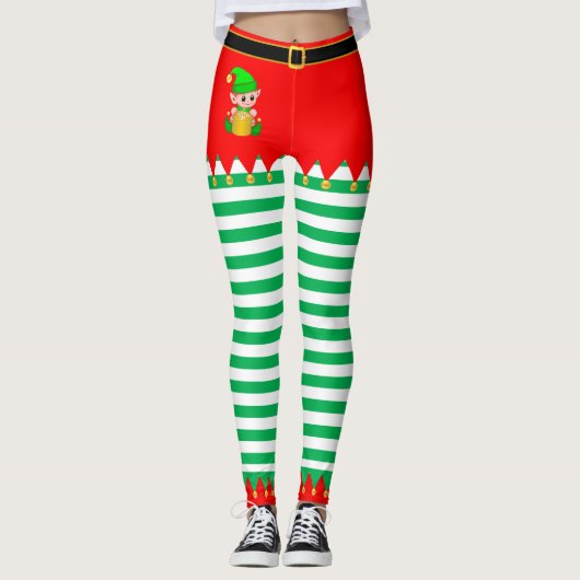 Weihnachtself & Jingle Bells on Green and White Leggings (Vorderseite)