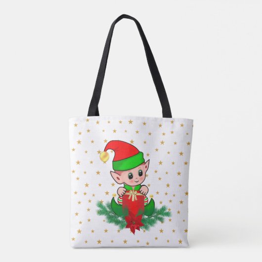 Weihnachtself, Kiefer, Poinsettia & Sterne Tasche (Rückseite)