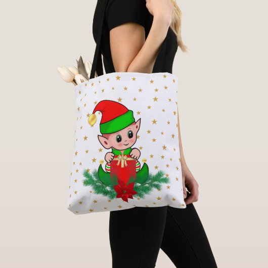 Weihnachtself, Kiefer, Poinsettia & Sterne Tasche (Von Nahem)