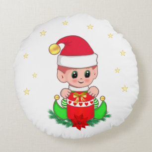 Weihnachtself, Kiefer, Weihnachtsstern & Sterne Rundes Kissen