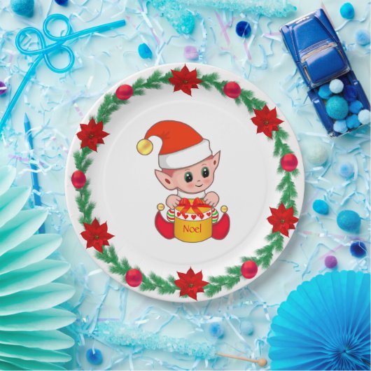 Weihnachtself, Kiefernkranz, Poinsettias & Bälle P Pappteller (Party)