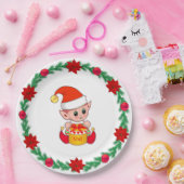 Weihnachtself, Kiefernkranz, Poinsettias & Bälle P Pappteller (Party)