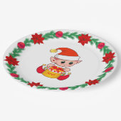 Weihnachtself, Kiefernkranz, Poinsettias & Bälle P Pappteller (Schrägansicht)