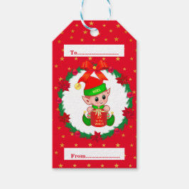 Weihnachtself, Kiefernkranz, Poinsettias & Stars Geschenkanhänger