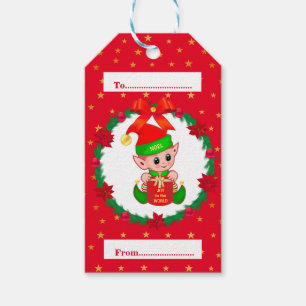 Weihnachtself, Kiefernkranz, Poinsettias & Stars Geschenkanhänger