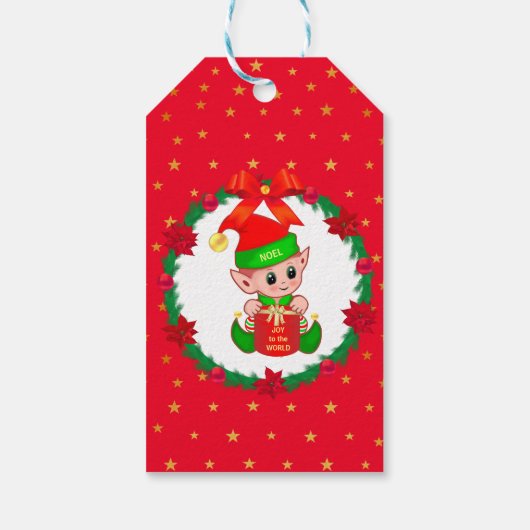 Weihnachtself, Kiefernkranz, Poinsettias & Stars Geschenkanhänger (Rückseite)