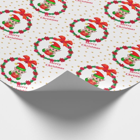 Weihnachtself, Kiefernkranz, Poinsettias & Sterne Geschenkpapier (Ecke)