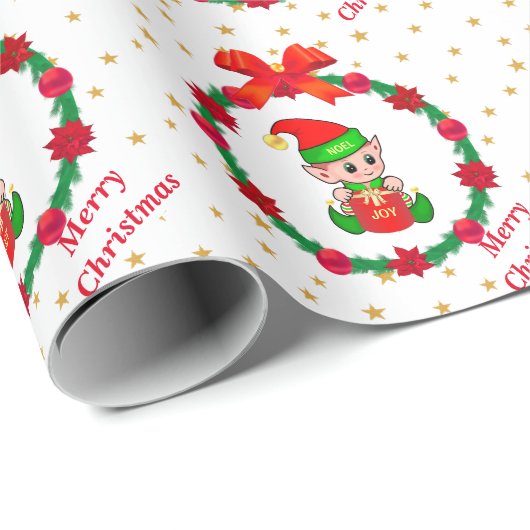 Weihnachtself, Kiefernkranz, Poinsettias & Sterne Geschenkpapier (Rolleneckpunkt)