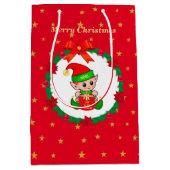 Weihnachtself, Kiefernkranz, Poinsettias & Sterne Mittlere Geschenktüte (Vorderseite)