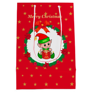 Weihnachtself, Kiefernkranz, Poinsettias & Sterne Mittlere Geschenktüte