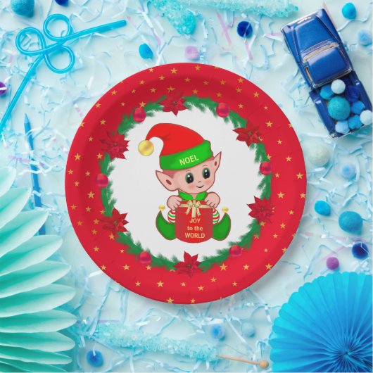 Weihnachtself, Kiefernkranz, Poinsettias & Sterne Pappteller (Party)