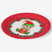 Weihnachtself, Kiefernkranz, Poinsettias & Sterne Pappteller (Schrägansicht)