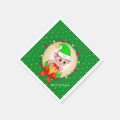 Weihnachtself, Kiefernkranz & Sterne auf Grün Serviette (Ecke)