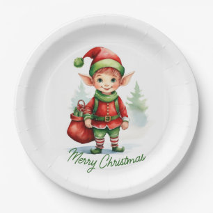 Weihnachtself mit einem Sack von Geschenken Pappteller