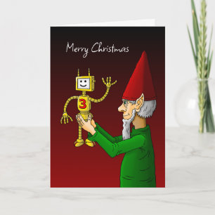 Weihnachtself mit einem Spielzeugroboter Feiertagskarte