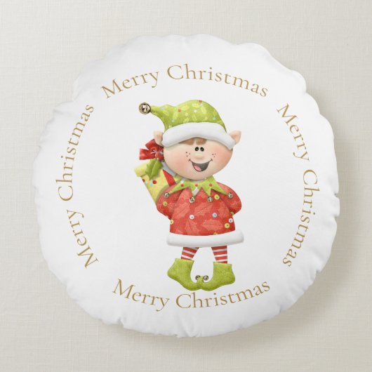 Weihnachtself mit Gegenwart Rundes Kissen (Vorderseite)