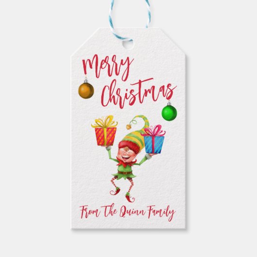 Weihnachtself mit Geschenken Frohen Weihnachtsfeie Geschenkanhänger (Vorderseite)