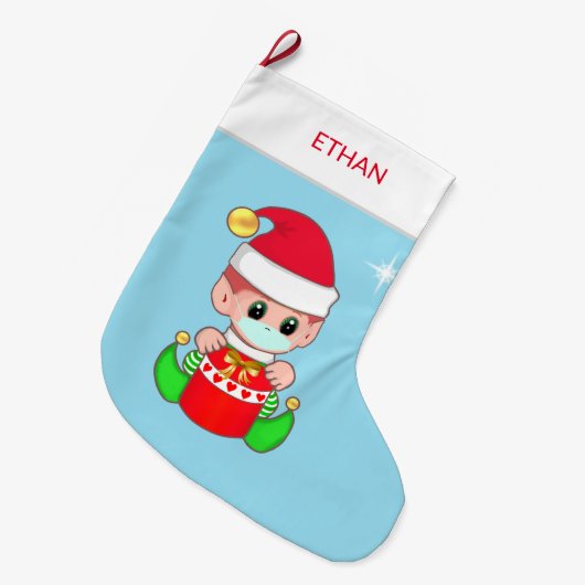 Weihnachtself mit Gesichtsmaske auf hellblau Großer Weihnachtsstrumpf (Vorderansicht (hängend))