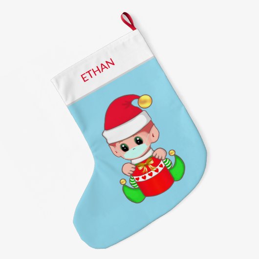 Weihnachtself mit Gesichtsmaske auf hellblau Großer Weihnachtsstrumpf (Rückseite (Hängend))