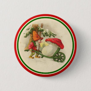 Weihnachtself mit Pilz im Vintage-Stil Button