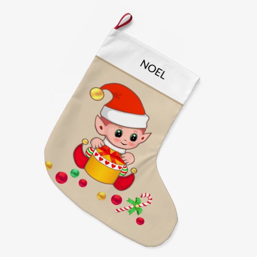 Weihnachtself mit Weihnachtsbällen auf Beige Großer Weihnachtsstrumpf (Vorderansicht (hängend))