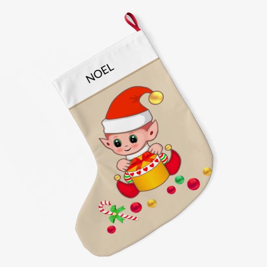 Weihnachtself mit Weihnachtsbällen auf Beige Großer Weihnachtsstrumpf (Rückseite (Hängend))