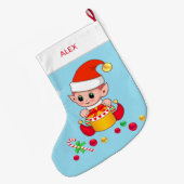 Weihnachtself mit Weihnachtsbällen auf hellblau Großer Weihnachtsstrumpf (Rückseite (Hängend))