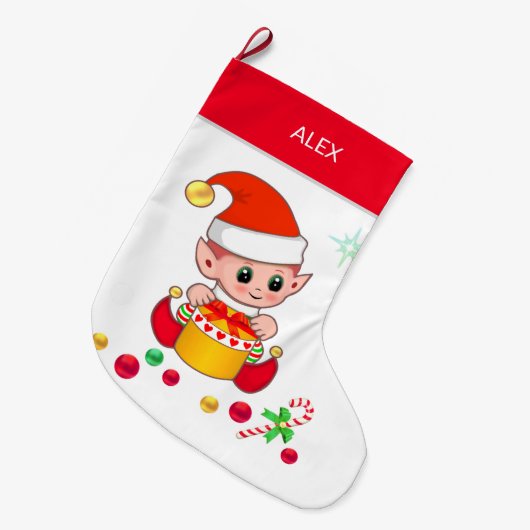 Weihnachtself mit Weihnachtsbällen auf weiß Großer Weihnachtsstrumpf (Vorderansicht (hängend))