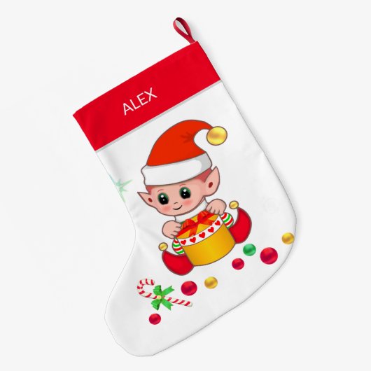 Weihnachtself mit Weihnachtsbällen auf weiß Großer Weihnachtsstrumpf (Rückseite (Hängend))