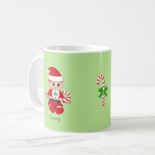 Weihnachtself mit Zuckerrohr und grünem Text Kaffeetasse (Vorderseite Links)