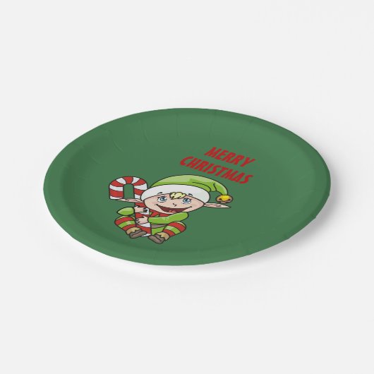 Weihnachtself mit Zuckerstange Pappteller (Schrägansicht)