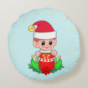 Weihnachtself, Poinsettie & Sterne auf hellblau Rundes Kissen
