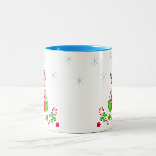 Weihnachtself, Schneeflocken und Weihnachtsbällche Zweifarbige Tasse (Mittel)