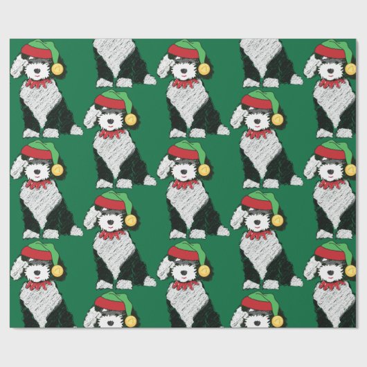 Weihnachtself Sheepadoodle Green Geschenkpapier (Flach)