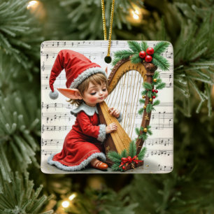 Weihnachtself spielt eine Harfe Keramikornament