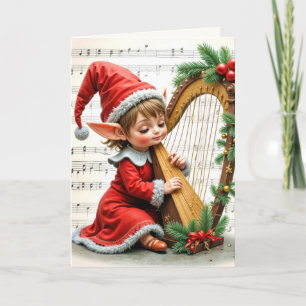 Weihnachtself spielt Harfe Karte