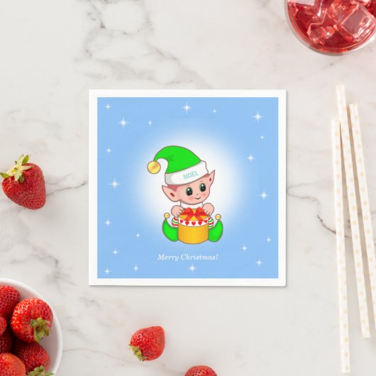 Weihnachtself & Sterne auf hellblau Serviette (Beispiel)