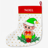 Weihnachtself, Sterne, Poinsettia & Kiefer auf Wei Großer Weihnachtsstrumpf (Rückseite)