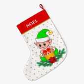 Weihnachtself, Sterne, Poinsettia & Kiefer auf Wei Großer Weihnachtsstrumpf (Rückseite (Hängend))