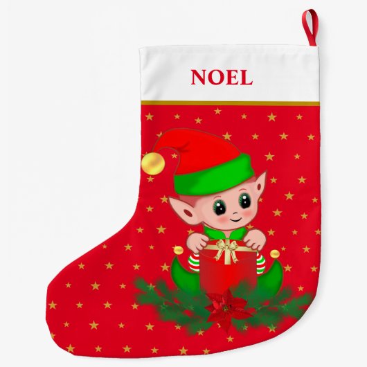 Weihnachtself, Sterne, Poinsettia und Kiefer auf R Großer Weihnachtsstrumpf (Rückseite)