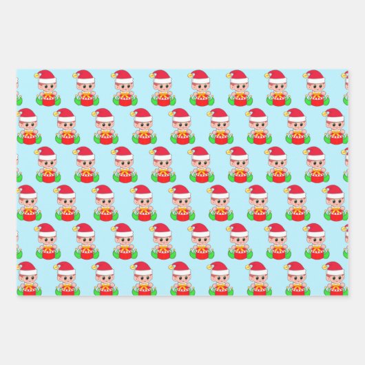 Weihnachtself, Sternmuster und Bonbons auf rot Geschenkpapier Set (Vorderseite)