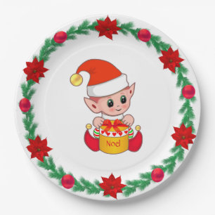 Weihnachtself, Tannen-Kranz, Weihnachtssterne & Ch Pappteller