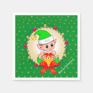 Weihnachtself, Tannenkranz und Sterne auf grünem H Serviette