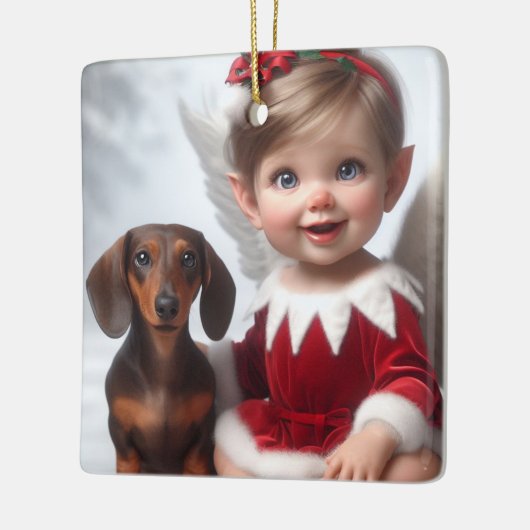 Weihnachtself und Dackel Keramikornament (Links)