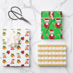 Weihnachtself und Freude-Herzen auf goldenen Strei Geschenkpapier Set