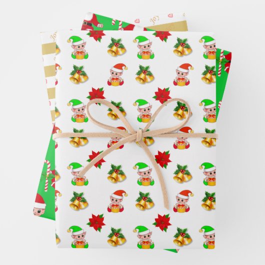 Weihnachtself und Freudenherzen auf goldenen Strei Geschenkpapier Set (Beispiel)