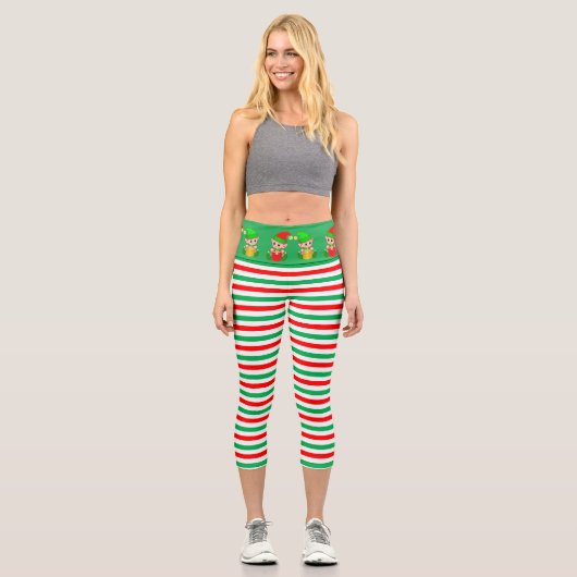 Weihnachtself und grün, rot, weiß gestreift capri leggings (Vorderseite)