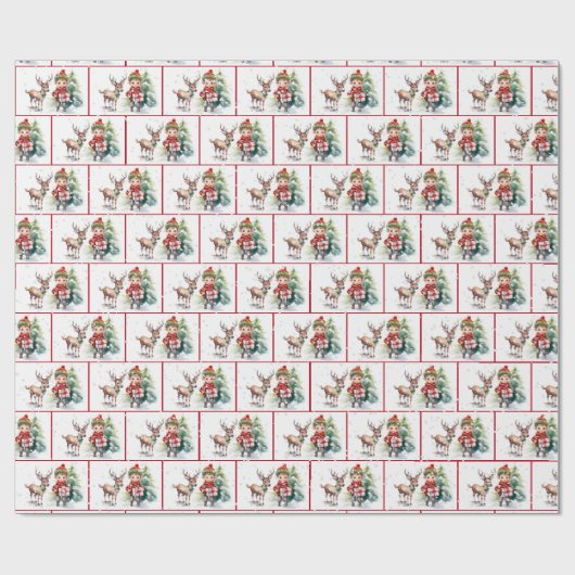 Weihnachtself und Reindee in Schneeflocken Geschenkpapier (Flach)