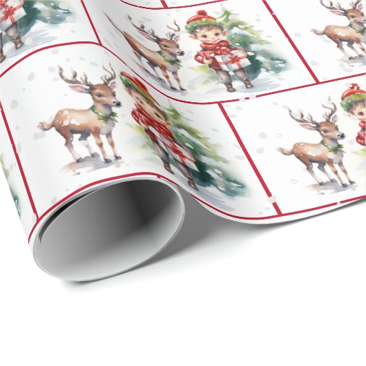 Weihnachtself und Reindee in Schneeflocken Geschenkpapier (Rolleneckpunkt)